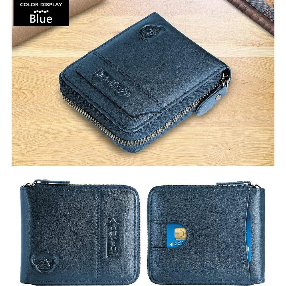 Men's Genuine Leather Navy Blue Short Zip Around Pockets Bifold Wallet Card